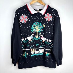 VTG 90s Double Collar Crewneck 20W Duck Goose AOP USA Made Cottage Granny Whimsy
